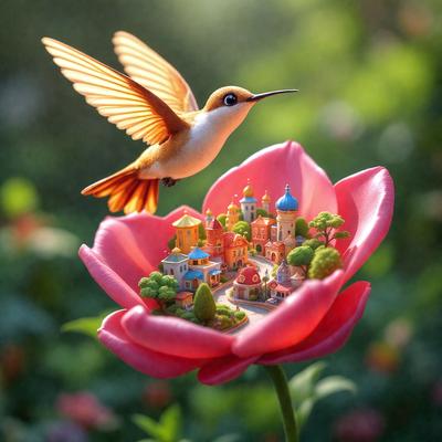 The primary subject of the image is a pink flower with a hummingbird perched on it. The setting is a garden, and the visual style is a combination of photo and digital art. The dominant colors are pink and orange, creating a warm and vibrant atmosphere.